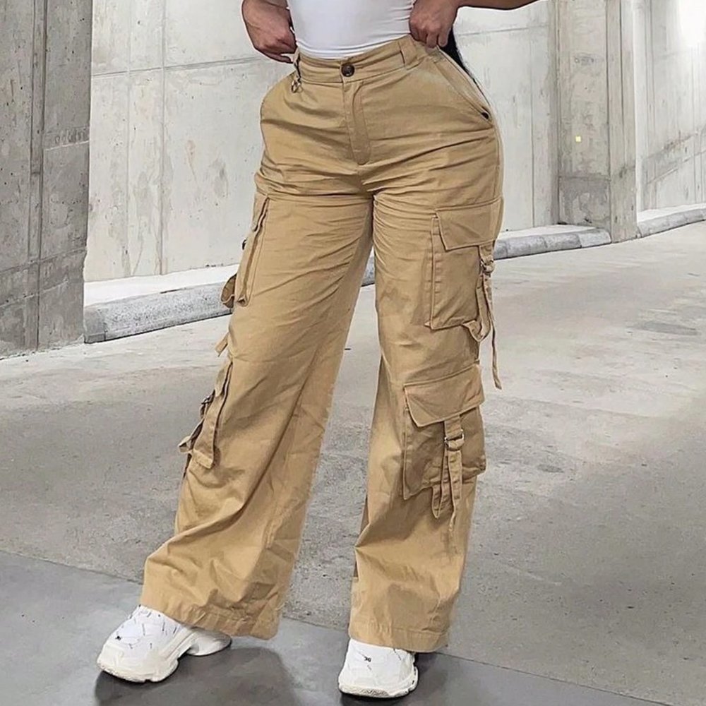 Khaki Casual Womens Flap Pocket Side Cargo Pants - Picture 4 of 4